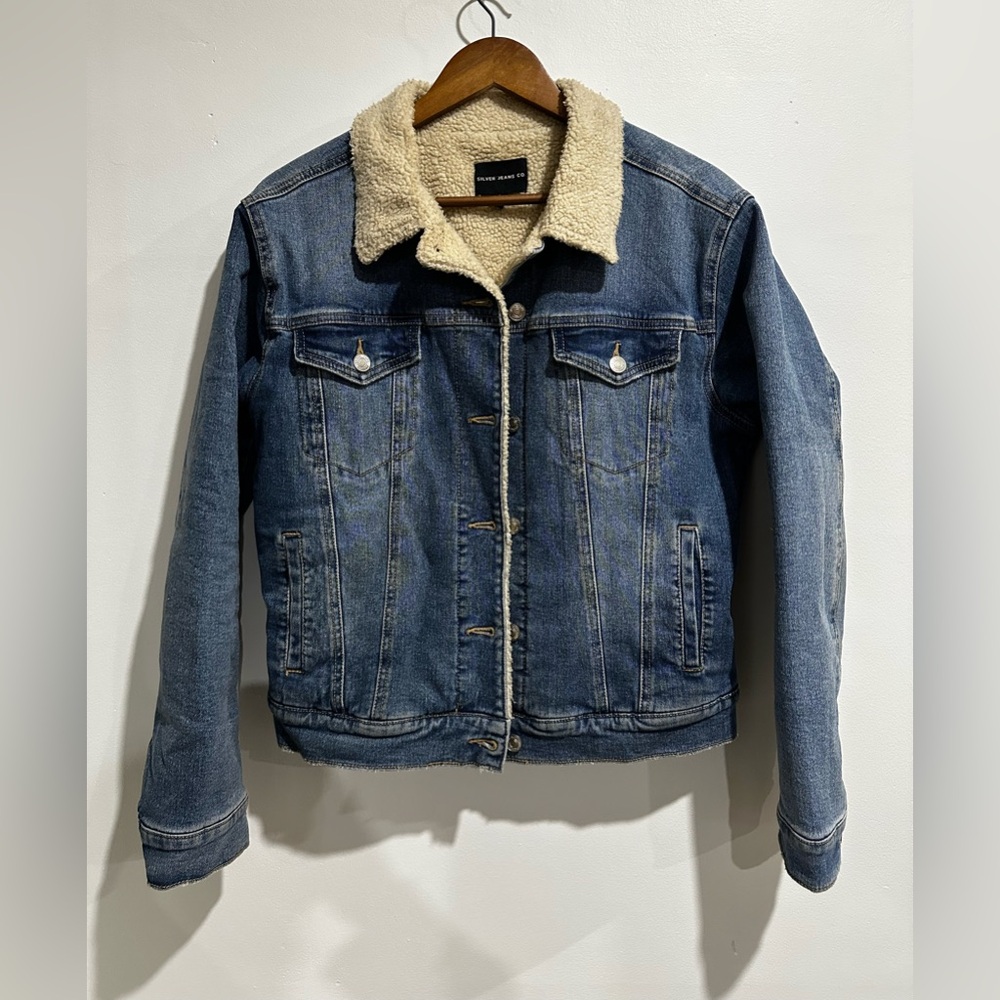 SILVER JEANS Dark Wash Denim Sherpa‎ Lined Moto Utility Jacket Size L